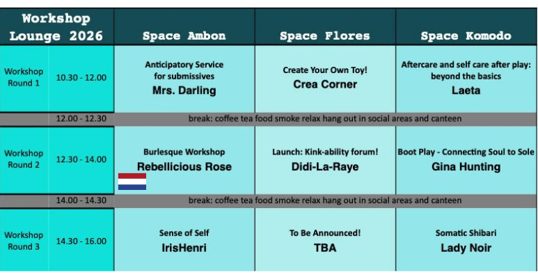An image of the schedule indicating the following: ROUND 1: Anticipatory service for submissive ~ Mrs. Darling ROUND 1: Make your own toy ~ Lounge crew ROUND 1: Aftercare and selfcare after play: beyond the basics ~ Laeta ROUND 2: Burlesque workshop ~ Rebellicious Rose (dutch class) ROUND 2: Kinkability platform lounge ~ Didi-La-Raye ROUND 2: Boot Play - Connecting Soul to Sole ~ Gina Hunting ROUND 3: Sense of Self (self portrait photography) ~ Iris Henry ROUND 3: Somatic Shibari (yoga, bodywork, shibari) ~ Lady Noir